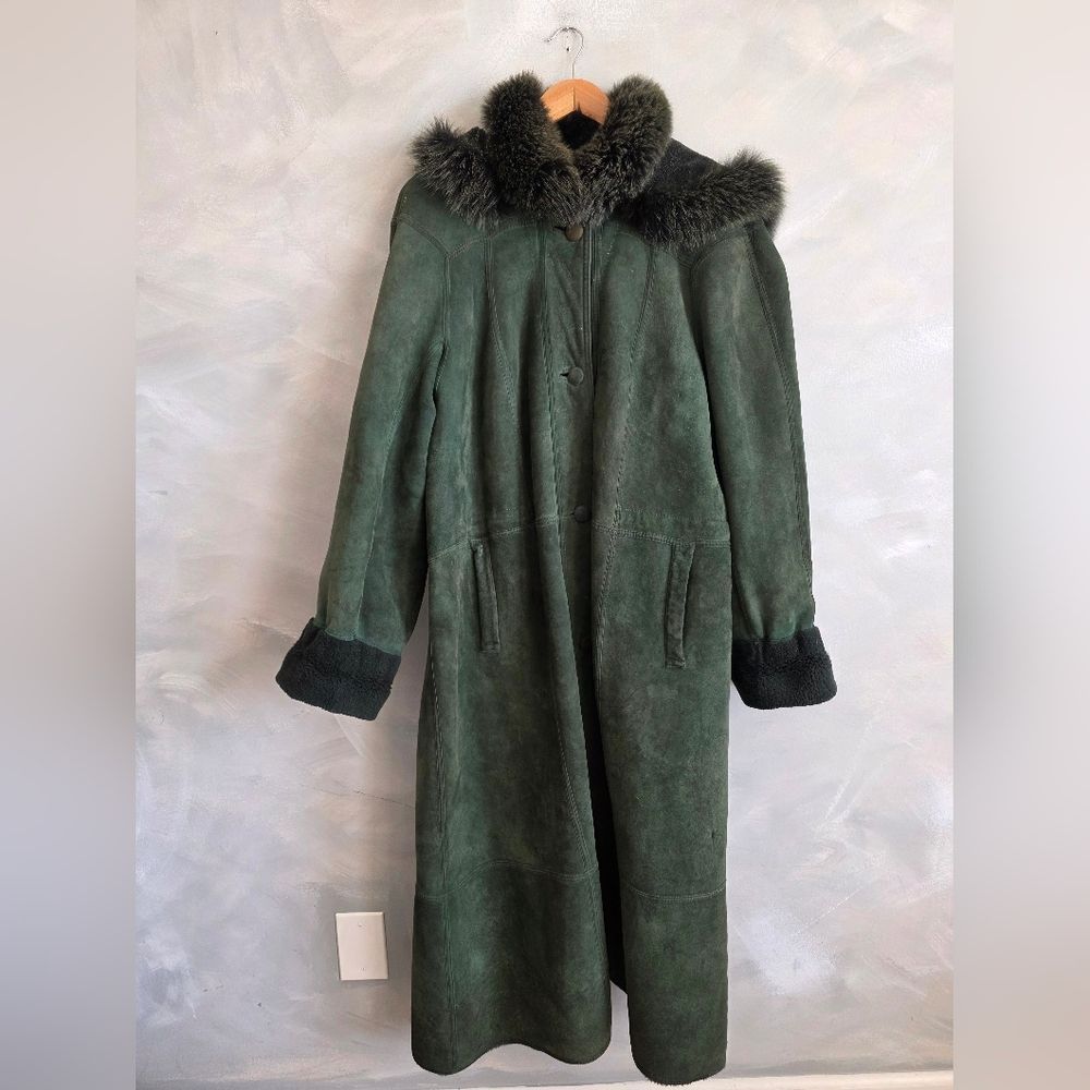 Women's Long Green Sheepskin Shearling Hooded Fur Trim Coat Sz 42 Italy